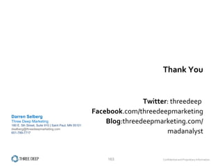 Thank You Twitter : threedeep  Facebook .com/threedeepmarketing Blog :threedeepmarketing.com/ madanalyst Darren Selberg Three Deep Marketing 180 E. 5th Street, Suite 910 | Saint Paul, MN 55101  [email_address] 651-789-7717 