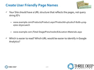 Create User Friendly Page Names Your Site should have a URL structure that reflects the pages, not query string ID's www.example.com/Products/Product.aspx?ProductId=46116ccf-816b-4c09-a7e0-1b3oc1aech www.example.com /Total-Stage/Preschooler/Education-Materials.aspx Which is easier to read? Which URL would be easier to identify in Google Analytics? 
