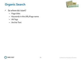 Organic Search So where do I start? Page titles Keywords in the URL/Page name Alt Tags Anchor Text 