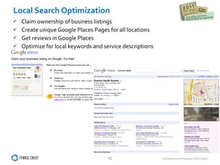 Claim ownership of business listings Create unique Google Places Pages for all locations Get reviews in Google Places Optimize for local keywords and service descriptions Local Search Optimization 