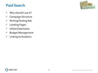 Paid Search Why should I use it? Campaign Structure Writing/Testing Ads Landing Pages Utilize Extensions Budget Management Linking to Analytics 