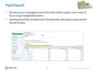 Paid Search Structure your campaigns around the site content, goals, main areas of focus or geo-targeted locations Use Keyword Tools to determine what the title, description and content should contain. 