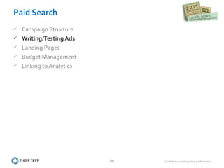 Paid Search Campaign Structure Writing/Testing Ads Landing Pages Budget Management Linking to Analytics 