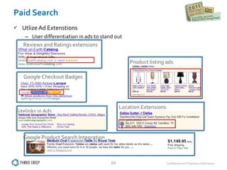 Paid Search Utlize Ad Extenstions User differentiation in ads to stand out Google Product Search Integration Google Checkout Badges Location Extensions Reviews and Ratings extensions Product listing ads Sitelinks in Ads 