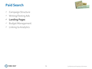 Paid Search Campaign Structure Writing/Testing Ads Landing Pages Budget Management Linking to Analytics 