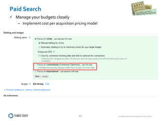 Paid Search Manage your budgets closely Implement cost per acquisition pricing model  
