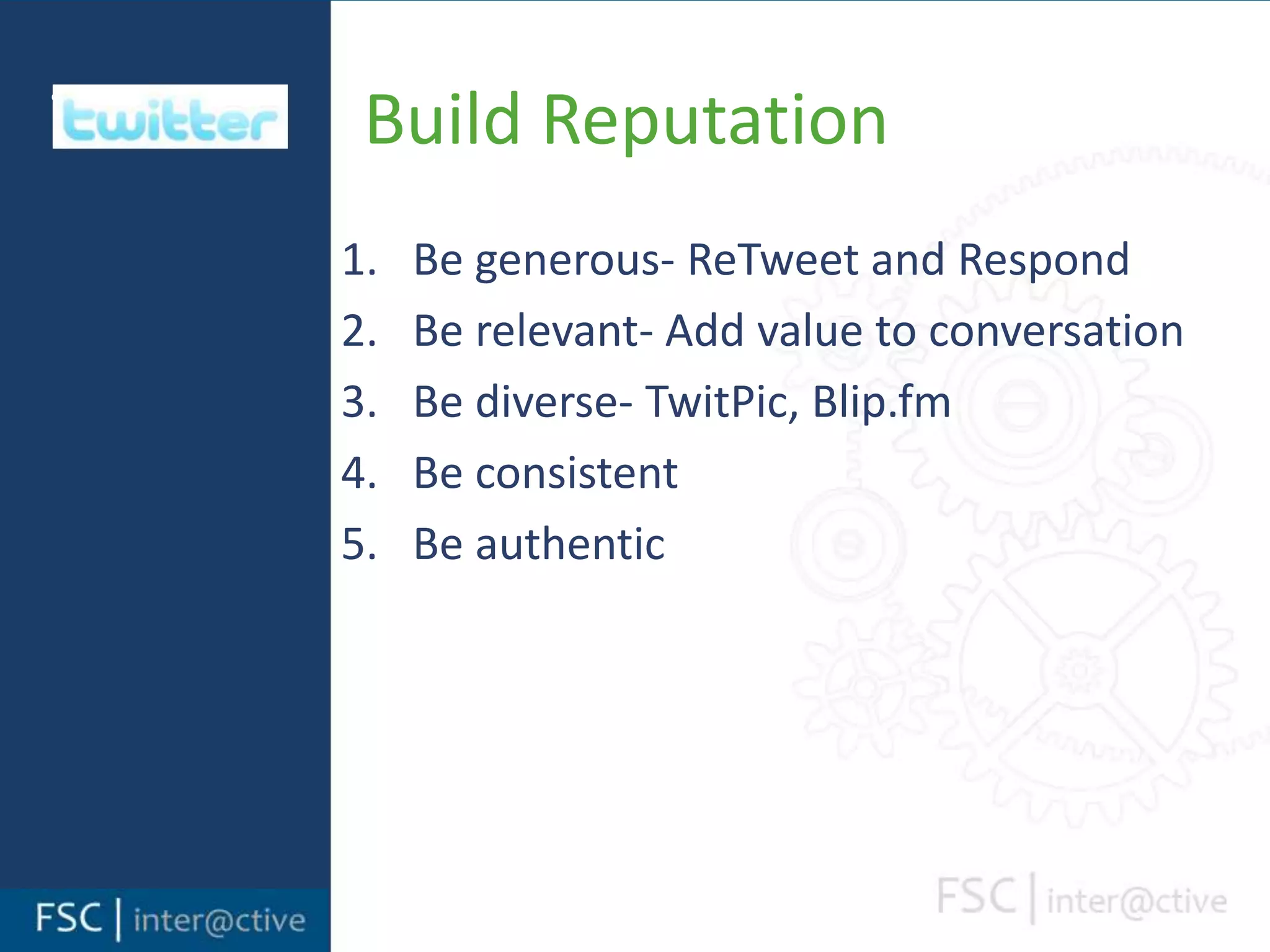  Twitter     Build ProfileChoose Settings to edit ProfileAdd a picture or logoFill out bioChoose a background or create custom