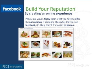 Facebook  Build Your ReputationThrough status updatesAnd wall posts.When updating your status and posting to your wall make sure you keep in mind your brand and the ultimate goal. Don’t just post for the sake of posting. Post with a purpose.