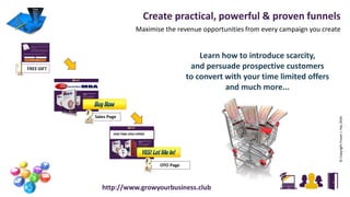 Create practical, powerful & proven funnels
Maximise the revenue opportunities from every campaign you create
©CopyrightFraserJ.Hay2016
http://www.growyourbusiness.club
Learn how to introduce scarcity,
and persuade prospective customers
to convert with your time limited offers
and much more...
 
