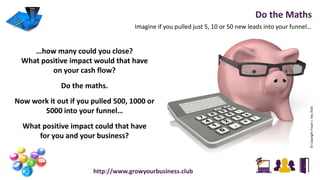 Imagine if you pulled just 5, 10 or 50 new leads into your funnel…
Do the Maths
…how many could you close?
What positive impact would that have
on your cash flow?
Do the maths.
Now work it out if you pulled 500, 1000 or
5000 into your funnel…
What positive impact could that have
for you and your business?
http://www.growyourbusiness.club
©CopyrightFraserJ.Hay2016
 