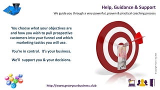 Help, Guidance & Support
We guide you through a very powerful, proven & practical coaching process
©CopyrightFraserJ.Hay2016
http://www.growyourbusiness.club
You choose what your objectives are
and how you wish to pull prospective
customers into your funnel and which
marketing tactics you will use.
You’re in control. It’s your business.
We’ll support you & your decisions.
 