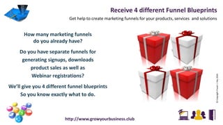 Receive 4 different Funnel Blueprints
Get help to create marketing funnels for your products, services and solutions
©CopyrightFraserJ.Hay2016
http://www.growyourbusiness.club
How many marketing funnels
do you already have?
Do you have separate funnels for
generating signups, downloads
product sales as well as
Webinar registrations?
We’ll give you 4 different funnel blueprints
So you know exactly what to do.
 