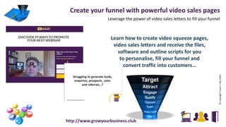 Create your funnel with powerful video sales pages
Leverage the power of video sales letters to fill your funnel
©CopyrightFraserJ.Hay2016
http://www.growyourbusiness.club
Learn how to create video squeeze pages,
video sales letters and receive the files,
software and outline scripts for you
to personalise, fill your funnel and
convert traffic into customers…
 