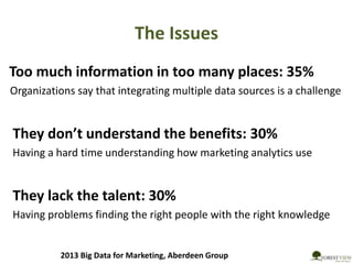 The Issues
Too much information in too many places: 35%
Organizations say that integrating multiple data sources is a challenge
They don’t understand the benefits: 30%
Having a hard time understanding how marketing analytics use
They lack the talent: 30%
Having problems finding the right people with the right knowledge
2013 Big Data for Marketing, Aberdeen Group
 