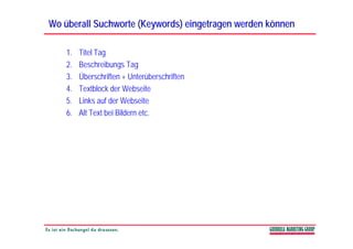 Wo überall Suchworte (Keywords) eingetragen werden können

    1.   Titel Tag
    2.   Beschreibungs Tag
                      g     g
    3.   Überschriften + Unterüberschriften
    4.   Textblock der Webseite
    5.   Links auf der Webseite
    6.   Alt Text bei Bildern etc.
 
