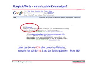 Google AdWords – warum bezahlte Kleinanzeigen?




   Unter den besten 0,3% aller deutschenWebsites,
                      ,                           ,
   trotzdem nur auf der 46. Seite der Suchergebnisse – Platz 460!
 