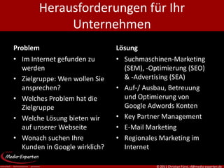 Herausforderungen für Ihr
            Unternehmen
Problem                        Lösung
• Im Internet gefunden zu      • Suchmaschinen-Marketing
  werden                         (SEM), -Optimierung (SEO)
• Zielgruppe: Wen wollen Sie     & -Advertising (SEA)
  ansprechen?                  • Auf-/ Ausbau, Betreuung
• Welches Problem hat die        und Optimierung von
  Zielgruppe                     Google Adwords Konten
• Welche Lösung bieten wir     • Key Partner Management
  auf unserer Webseite         • E-Mail Marketing
• Wonach suchen Ihre           • Regionales Marketing im
  Kunden in Google wirklich?     Internet

                                           © 2011 Christian Fürst, cf@media-experten.de
 