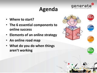 AgendaWhere to start?The 6 essential components to online successElements of an online strategyAn online road mapWhat do you do when things aren’t working