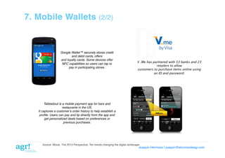 7. Mobile Wallets

(2/2)!

Google Wallet™ securely stores credit
and debit cards, offers"
and loyalty cards. Some devices offer
NFC capabilities so users can tap to
pay in participating stores."

V .Me has partnered with 53 banks and 23
retailers to allow
customers to purchase items online using
an ID and password.

Tabbedout is a mobile payment app for bars and
restaurants in the US."
It captures a customerʼs order history to help establish a"
proﬁle. Users can pay and tip directly from the app and
get personalized deals based on preferences or
previous purchases."

Source: Moxie. The 2013 Perspective: Ten trends changing the digital landscape!

Joaquin Hermoso | joaquin@elcorreodeagr.com!

 