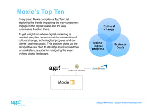 Moxieʼs Top Ten!
Every year, Moxie compiles a Top Ten List
exploring the trends impacting the way consumers
engage in the digital space and the way
businesses function there.!
To get insight into where digital marketing is
headed, we plant ourselves at the intersection of
cultural change, technological progress and our
clientsʼ business goals. This position gives us the
perspective we need to develop a kind of roadmap
for marketers; a guide for navigating the evershifting digital landscape. !

Cultural
change

Technological
progress 

Business
Goals

Joaquin Hermoso | joaquin@elcorreodeagr.com!

 