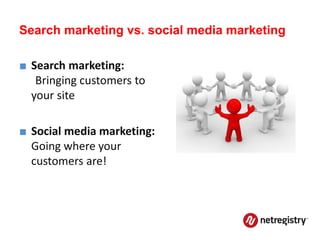 Search marketing vs. social media marketing

■ Search marketing:
   Bringing customers to
  your site

■ Social media marketing:
  Going where your
  customers are!
 