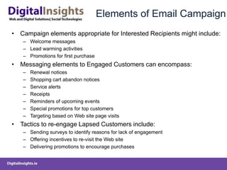Elements of Email CampaignCampaign elements appropriate for Interested Recipients might include:Welcome messages Lead warming activities Promotions for first purchase Messaging elements to Engaged Customers can encompass:Renewal notices Shopping cart abandon notices Service alerts Receipts Reminders of upcoming events Special promotions for top customers Targeting based on Web site page visits Tactics to re-engage Lapsed Customers include:Sending surveys to identify reasons for lack of engagement Offering incentives to re-visit the Web site Delivering promotions to encourage purchases 