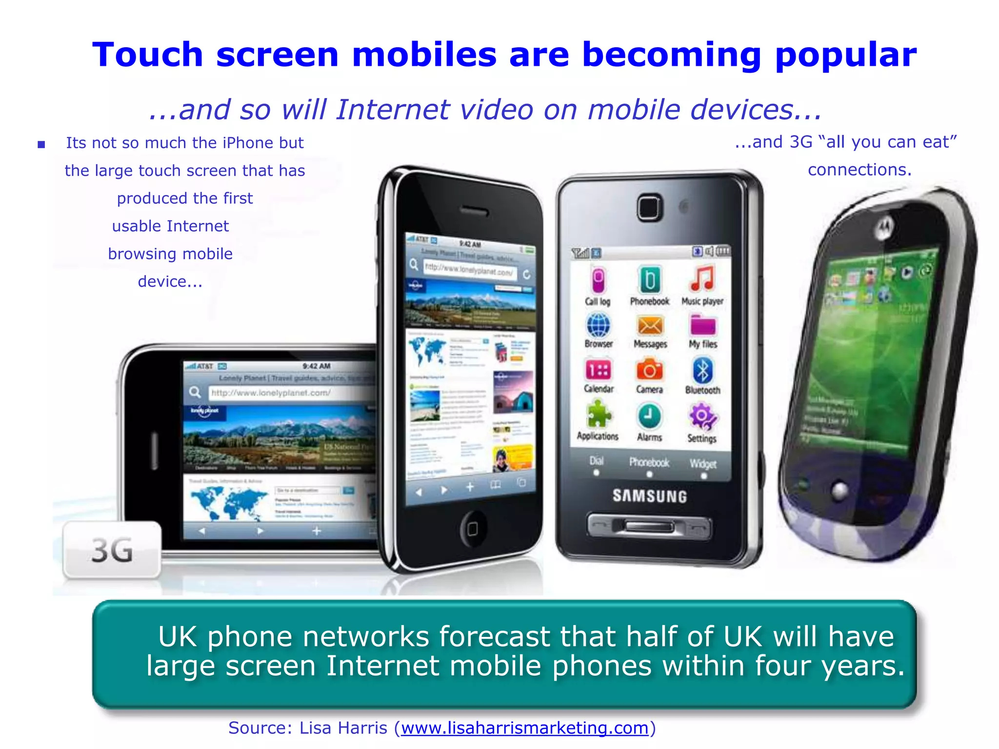 Touch screen mobiles are becoming popular
              ...and so will Internet video on mobile devices...
■   Its not so much the iPhone but                                           ...and 3G “all you can eat”
    the large touch screen that has                                                  connections.
          produced the first
          usable Internet
         browsing mobile
             device...




               UK phone networks forecast that half of UK will have
              large screen Internet mobile phones within four years.

                         Source: Lisa Harris (www.lisaharrismarketing.com)
 