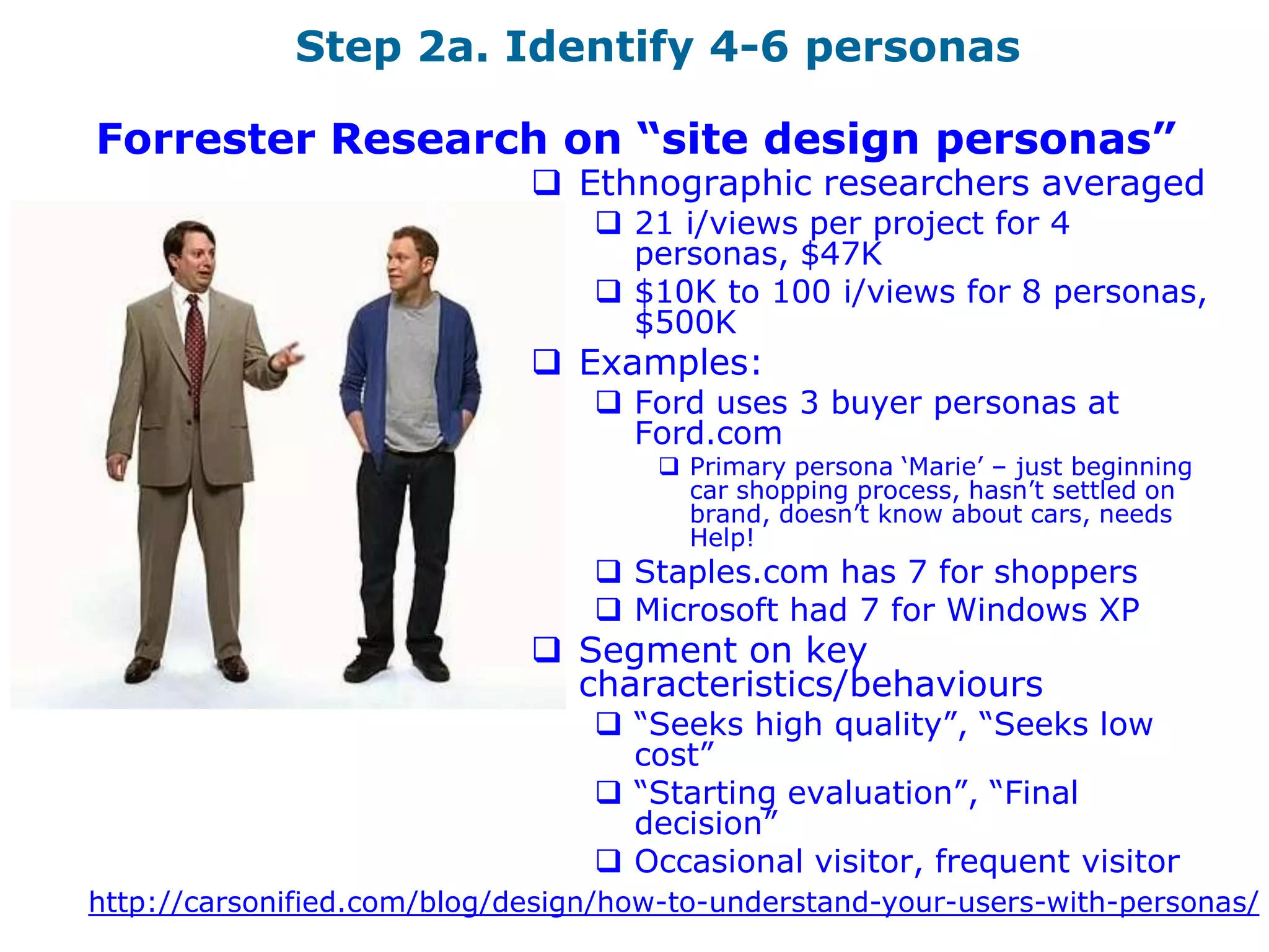 Step 2a. Identify 4-6 personas

Forrester Research on “site design personas”
                              Ethnographic researchers averaged
                                  21 i/views per project for 4
                                   personas, $47K
                                  $10K to 100 i/views for 8 personas,
                                   $500K
                              Examples:
                                  Ford uses 3 buyer personas at
                                   Ford.com
                                      Primary persona „Marie‟ – just beginning
                                       car shopping process, hasn‟t settled on
                                       brand, doesn‟t know about cars, needs
                                       Help!
                                  Staples.com has 7 for shoppers
                                  Microsoft had 7 for Windows XP
                              Segment on key
                               characteristics/behaviours
                                  “Seeks high quality”, “Seeks low
                                   cost”
                                  “Starting evaluation”, “Final
                                   decision”
                                  Occasional visitor, frequent visitor
http://carsonified.com/blog/design/how-to-understand-your-users-with-personas/
 