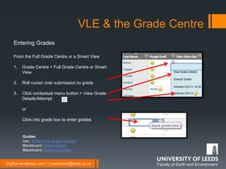 Faculty of Earth and EnvironmentDigifoe.wordpress.com │ b.parkinson@leeds.ac.uk
VLE & the Grade Centre
Entering Grades
From the Full Grade Centre or a Smart View
1. Grade Centre > Full Grade Centre or Smart
View
2. Roll cursor over submission to grade
3. Click contextual menu button > View Grade
Details/Attempt
or
Click into grade box to enter grades
Guides
UoL: What is the Grade Centre?
Blackboard: Grade Centre
Blackboard: Entering Grades
 