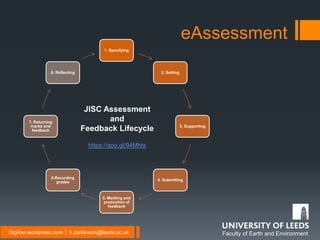 Faculty of Earth and EnvironmentDigifoe.wordpress.com │ b.parkinson@leeds.ac.uk
1. Specifying
2. Setting
3. Supporting
4. Submitting
5. Marking and
production of
feedback
6.Recording
grades
7. Returning
marks and
feedback
8. Reflecting
eAssessment
JISC Assessment
and
Feedback Lifecycle
https://goo.gl/94Mhts
 