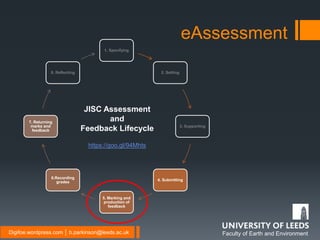Faculty of Earth and EnvironmentDigifoe.wordpress.com │ b.parkinson@leeds.ac.uk
1. Specifying
2. Setting
3. Supporting
4. Submitting
5. Marking and
production of
feedback
6.Recording
grades
7. Returning
marks and
feedback
8. Reflecting
eAssessment
JISC Assessment
and
Feedback Lifecycle
https://goo.gl/94Mhts
 