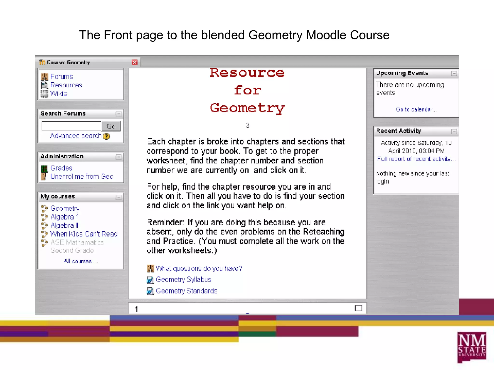 The Front page to the blended Geometry Moodle Course