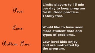Low level kids enjoy 
and are motivated by 
the program. 
Pros: 
Cons: 
Bottom Line: 
Limits players to 15 min 
per day to keep program 
fresh. Good practice. 
Totally free. 
Would like to have seen 
more student data and 
types of problems. 
 