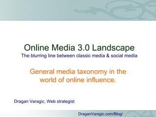 Online Media 3.0 Landscape
   The blurring line between classic media & social media


       General media taxonomy in the
         world of online influence.

Dragan Varagic, Web strategist

                                 DraganVaragic.com/Blog/
 