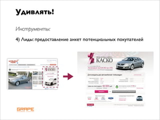 Удивлять!

Инструменты:
4) Лиды: предоставление анкет потенциальных покупателей
 