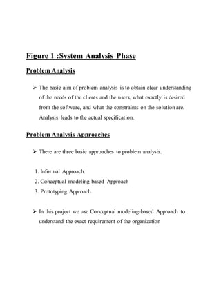 Figure 1 :System Analysis Phase
Problem Analysis
 The basic aim of problem analysis is to obtain clear understanding
of the needs of the clients and the users, what exactly is desired
from the software, and what the constraints on the solution are.
Analysis leads to the actual specification.
Problem Analysis Approaches
 There are three basic approaches to problem analysis.
1. Informal Approach.
2. Conceptual modeling-based Approach
3. Prototyping Approach.
 In this project we use Conceptual modeling-based Approach to
understand the exact requirement of the organization
 