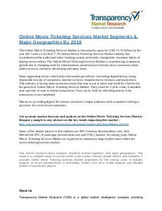 Online Movie Ticketing Services Market Segments &
Major Geographies By 2018
The Online Movie Ticketing Services Market is forecasted to grow by USD 13.72 billion by the
year 2017 with a CAGR of 7.3%.Online Movie Ticketing Services Market industry has
revolutionized the traditional ticket booking system and totally changed the consumer habits of
buying movie tickets. The Online Movie Ticketing Services Market is experiencing continuous
growth due to changing need for entertainment, penetration of internet, more awareness about
online services, intensive advertising and many more.
Some supporting factors which drive the market growth are: increasing digitalization, rising
disposable income of consumers, internet services, frequent movie releases, and many more.
This industry is facing some uncertain events that may occur at times and could be a barrier for
the growth of Online Movie Ticketing Services Market. They could be: Cyber crime, fraudulent
sites and lack of trust in online transactions. Trust can be built by refunding money if the
transaction is not completed.
Moreover, providing digital 3D screens can attract a larger audience with consumers willing to
pay more for a rich visual experience.
Get accurate market forecast and analysis on the Online Movie Ticketing Services Market.
Request a sample to stay abreast on the key trends impacting this market :
http://www.transparencymarketresearch.com/sample/sample.php?flag=B&rep_id=612
Some of the market players in this industry are BIG Cinemas, Bookmyshow.com, AOL
MovieFone INC, Kyazoonga, movietickets.com and VOX Cinemas. In coming years,Online
Movie Ticketing Services Market are expected to command a huge market share within the
movie ticketing services market.
This market research report analyzes important market segments, and major geographies. This
report is a complete study of current trends in the market, industry growth drivers, and restraints. It
provides Online Movie Ticketing Services Market projections for the coming years. It includes
analysis of recent developments in technology, Porter’s five force model analysis and detailed
profiles of top industry players.
About Us
Transparency Market Research (TMR) is a global market intelligence company providing
 