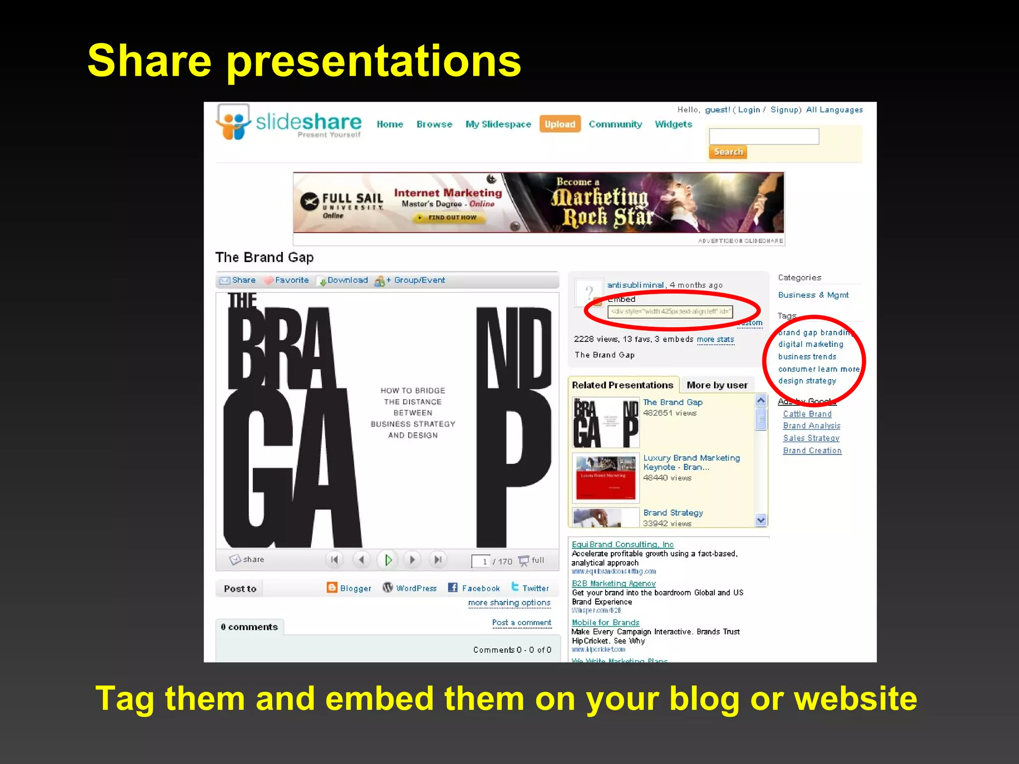 Share presentations Tag them and embed them on your blog or website 