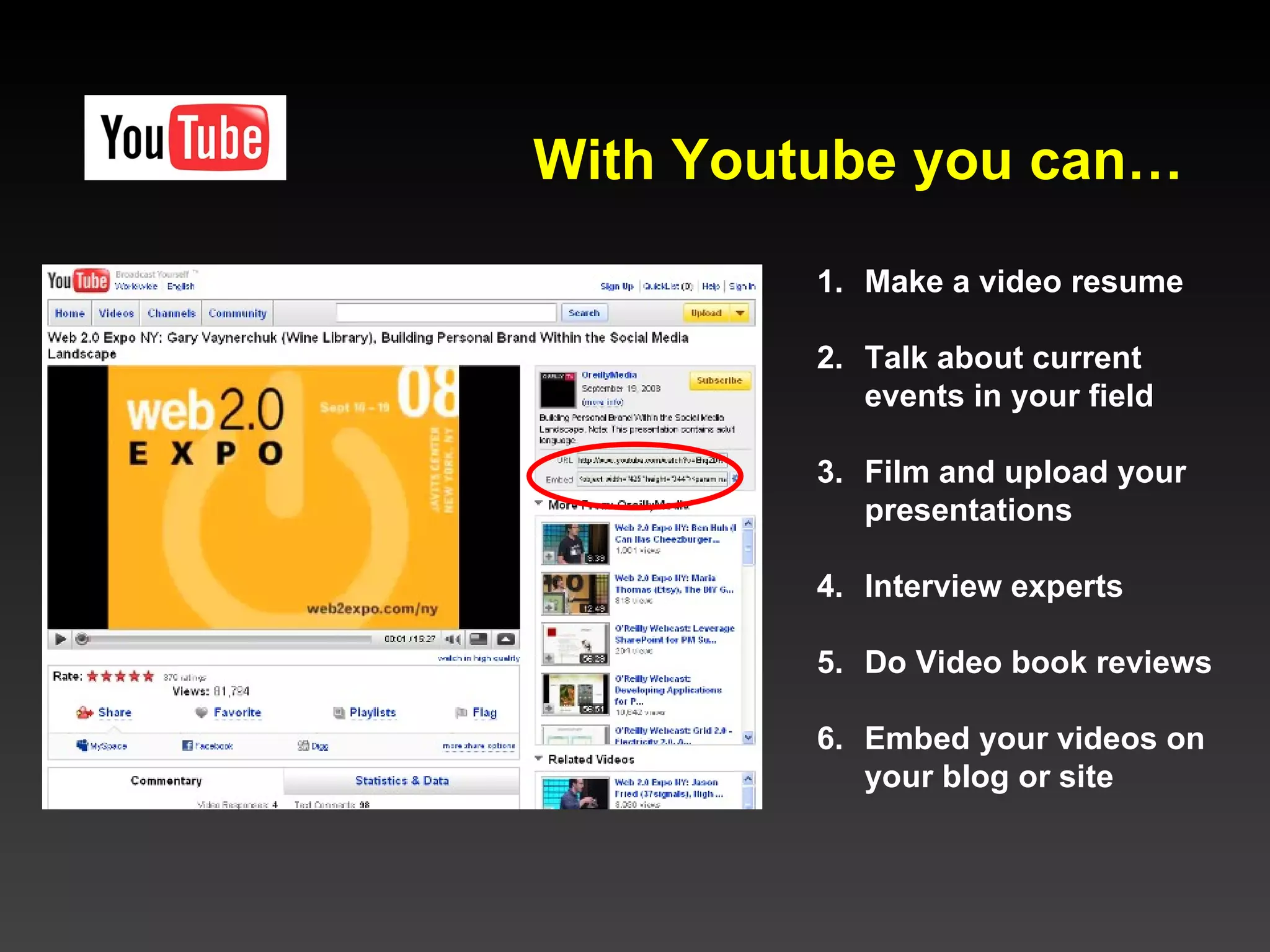 Make a video resume Talk about current  events in your field Film and upload your presentations Interview experts Do Video book reviews Embed your videos on your blog or site With Youtube you can… 