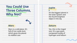 You Could Use
Three Columns,
Why Not?
Jupite
r
Saturn
Mars
Mars is a cold place. It’s
full of iron oxide dust,
which gives the planet
its reddish cast
It’s the biggest planet in
the Solar System and
the fourth-brightest
object in the sky
Yes, this is the ringed
one. It’s a gas giant,
composed mostly of
hydrogen and helium
 