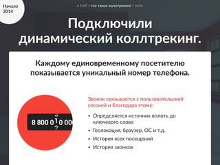 t
Подключили 
динамический коллтрекинг.
Каждому единовременному посетителю 
показывается уникальный номер телефона.
Звонок связывается с пользовательской 
сессией и благодаря этому: 
• Определяется источник вплоть до 
ключевого слова 
• Геолокация, браузер, ОС и т.д. 
• История всех посещений 
• История звонков
о hoﬀ / что такое коллтрекинг / кейсНачало 
2014
 
