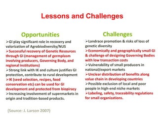 Lessons and Challenges
GI play significant role in recovery and
valorization of Agrobiodiversity/NUS
Successful recovery of Genetic Resources
through GI (management of germplasm
involving producers, Governing Body, and
regional institutions)
Strong link with IK and culture justifies GI
protection, contribute to rural development
IK (seed selection, recipes, food
conservation etc) can be used for GI
development and protected from biopiracy
Increasing involvement of supermarkets in
origin and tradition-based products.
Opportunities
Landrace promotion & risks of loss of
genetic diversity
Economically and geographically small GI
& challenge of designing Governing Bodies
with low transaction costs
Vulnerability of small producers in
national/export markets
Unclear distribution of benefits along
value chain in developing countries
Possible exclusion of local and poor
people in high-end niche markets
Labeling, safety, traceability regulations
for small organizations.
Challenges
(Source: J. Larson 2007)
 