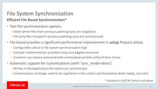 Copyright © 2017, Oracle and/or its affiliates. All rights reserved. |
File System Synchronization
• Two file synchronization options
– Patch (driver files from previous patching cycle are reapplied )
– File (only files changed in previous patching cycle are synchronized)
• File based provides a significant performance improvement in adop Prepare phase
– Configurable callout to file system synchronization logic
– Example implementation provided using unix rsync command
– Customer can replace command with smart/advanced disk utility of their choice
• Automatic support for customizations (with ‘sync_mode=delta’)
– All files in the Applications file system are synchronized
– Customizations no longer need to be registered in the custom synchronization driver (adop_sync.drv)
15
Efficient File Based Synchronization*
* Available in AD/TXK Delta 8 and above
 