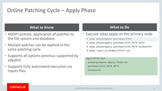 Copyright © 2017, Oracle and/or its affiliates. All rights reserved. |
Online Patching Cycle – Apply Phase
31
• ADOP controls application of patches to
the file system and database
• Mutiple patches can be applied in the
same patching cycle
• Supports all options previous supported by
adpatch
• Supports fully automated execution via
inputs files
What to Know
• Execute adop apply on the primary node
$ adop phase=apply patches=12345
$ adop phase=apply patches=1234,5678,9876
$ adop phase=apply patches=1234,5678 workers=4
$ adop input_file=April2016.txt
April2016.txt
phase=prepare,apply,finalize
patches=1234,5678,9876
workers=4
…
What to Do
 