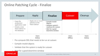 Copyright © 2017, Oracle and/or its affiliates. All rights reserved. | 32
Online Patching Cycle - Finalize
• Pre-compute DDL that needs to be run at cutover.
• Compile invalid objects
• Validate that the system is ready for cutover.
• Wait for a good downtime window
CleanupCutover
• Compile invalid
Objects
• Validates system’s
readiness for cutover
• Wait for a good
downtime window
Finalize
• Apply one or more
patches to the
Patch Edition
Apply
• Copy the
production
application code
• Create a new
Patch Edition in
the database
Prepare
Users
Online
Users
Online
Users
Offline
 
