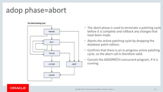 Copyright © 2017, Oracle and/or its affiliates. All rights reserved. |
adop phase=abort
46
• The abort phase is used to terminate a patching cycle
before it is complete and rollback any changes that
have been made.
• Aborts the online patching cycle by dropping the
database patch edition.
• Confirms that there is an in-progress online patching
cycle, so the abort call is therefore valid.
• Cancels the ADZDPATCH concurrent program, if it is
running.
 