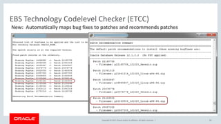 Copyright © 2017, Oracle and/or its affiliates. All rights reserved. |
EBS Technology Codelevel Checker (ETCC)
60
New: Automatically maps bug fixes to patches and recommends patches
 