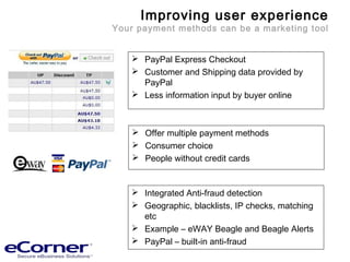 Improving user experience
Your payment methods can be a marketing tool
 PayPal Express Checkout
 Customer and Shipping data provided by
PayPal
 Less information input by buyer online
 Offer multiple payment methods
 Consumer choice
 People without credit cards
 Integrated Anti-fraud detection
 Geographic, blacklists, IP checks, matching
etc
 Example – eWAY Beagle and Beagle Alerts
 PayPal – built-in anti-fraud
 