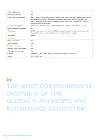 108 ONLINE PAYMENTS MARKET GUIDE 2014
Collecting payments Yes
Distributing payments Yes
Fraud prevention (measures) Black / white list, data validation, device fingerprinting, geo IP-origin check, geographical checking,
global validation checks, IP geolocation, MasterCard SecureCode, multi-merchant purchase
history, parameter format checking, persistent cookies, risk scoring, transaction limit checking,
velocity checks, Verified by Visa
Fraud prevention partners ThreatMetrix, Ethoca, Clearsale and Merchant Risk Council (first member in Latin America)
Credit management (services) N/A
Other services LATAM presence, one connection to LATAM, incubation consulting services, tax advisory, multi-
lingual 24/7 customer support, professional services and proactive support.
Third parties PayPal
Technology
Direct connections Yes
Batch processing Yes
Per order processing Yes
Merchant pages (direct model) Yes
PSP pages (redirect model) Yes
Interface Web services, XML, POST, HTML 5 (specifications available upon request)
Security HTTPS, SSL+, PKI
THE MOST COMPREHENSIVE
OVERVIEW OF THE
GLOBAL E-PAYMENTS AND
ECOMMERCE ECOSYSTEM
 