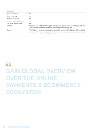 116 ONLINE PAYMENTS MARKET GUIDE 2014
Technology
Direct connections Yes
Batch processing Yes
Per order processing Yes
Merchant pages (direct model) Yes
PSP pages (redirect model) Yes
Interface We make it easy with 3 ways to integrate: hosted checkout pages, best of breed library of APIs and
Client Side Enryption for iOS and Android, and with the major shopping carts.
Security Fully PCI Level 1 compliant; secure platform certified by McAfee and VeriSign, and BBB accredited;
multi-website, fully synchronised, and redundant network infrastructure; advanced, automatic fraud
protection systems, with a dedicated anti-fraud team.
GAIN GLOBAL OVERVIEW
OVER THE ONLINE
PAYMENTS  ECOMMERCE
ECOSYSTEM
 